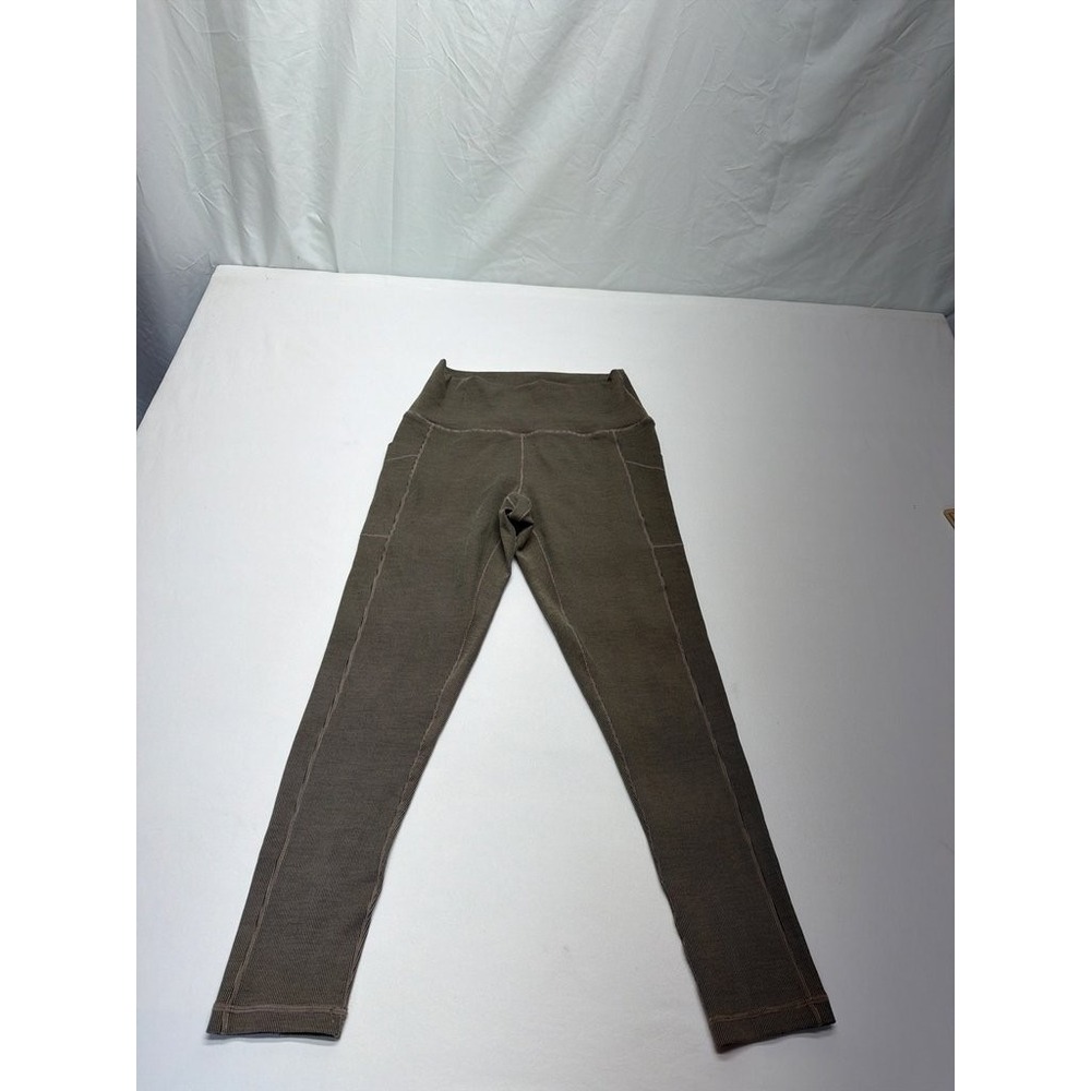 Prana Womens High-Waisted Ribbed Leggings Olive Green Size M Pockets